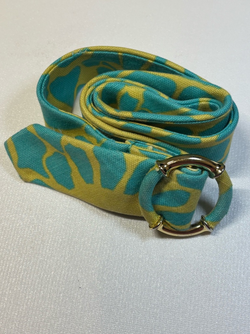 J. Crew Aqua Blue & Lime Green Printed Linen Belt Gold Horseshoe Buckle Medium